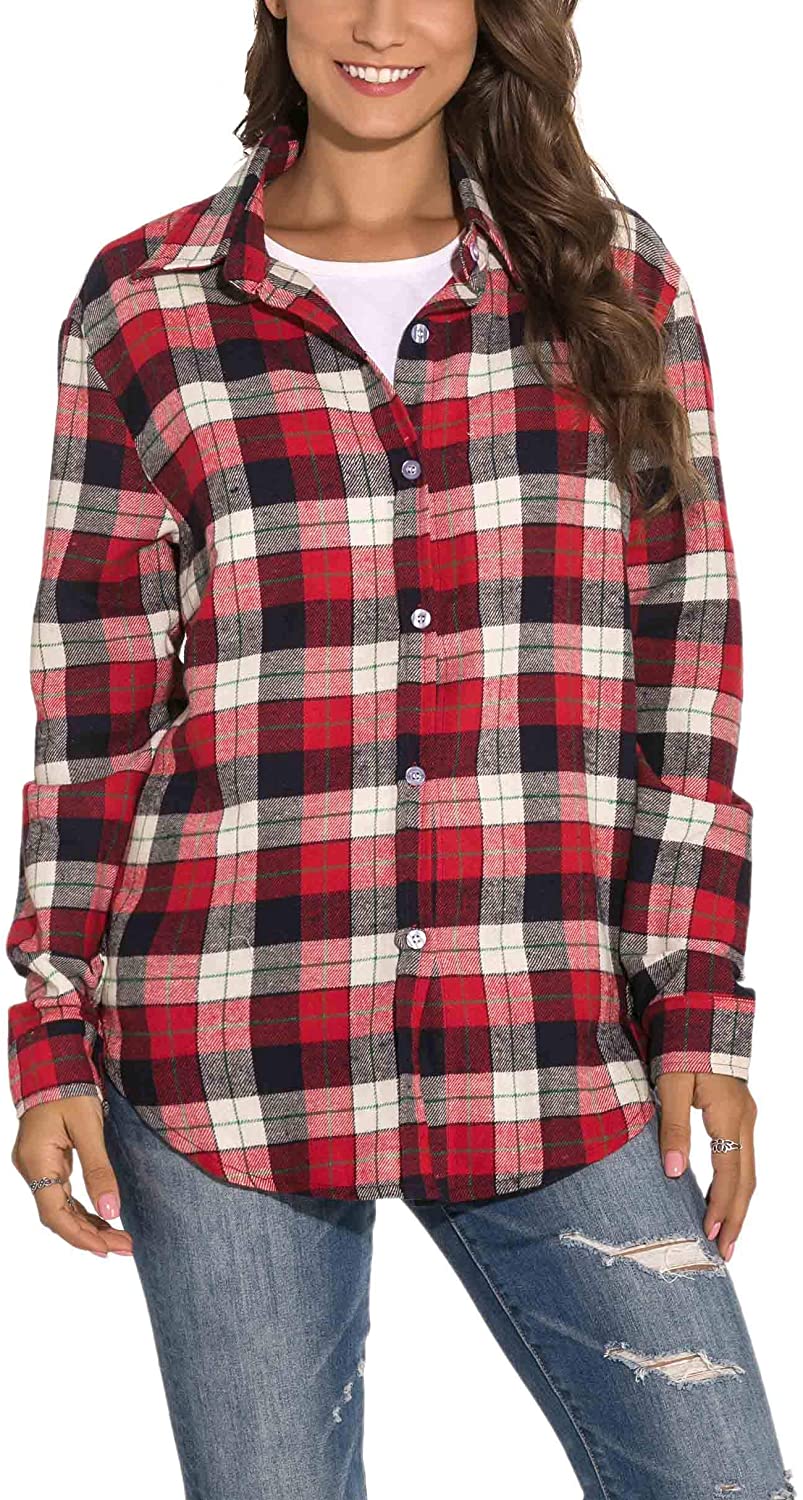 GUANYY Womens Long Sleeve Casual Loose Classic Plaid Button Down Shirt