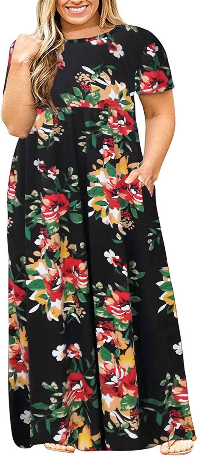KARALIN Womens Plus Size Short Sleeve Loose Plain Casual Long Maxi Dresses with Pockets