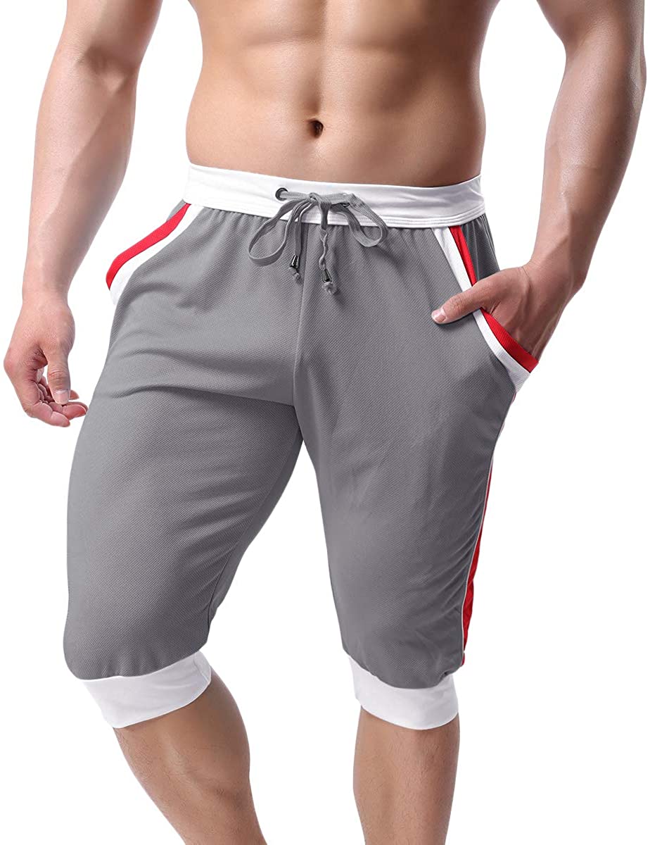 TOTNMC Mens Capri Pants Elastic Waist 3/4 Shorts Workout Sweatpants Bodybuilding Pants 