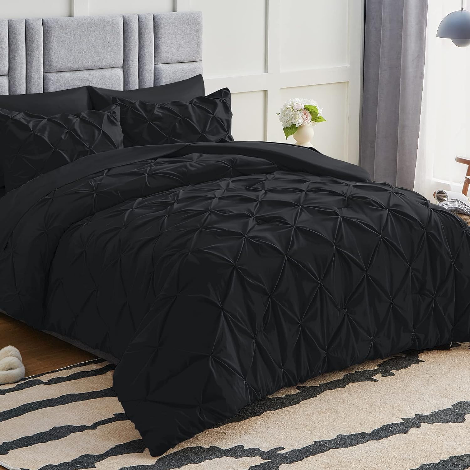 CozyLux Queen Comforter Set - 7 Pieces Comforters Queen Size Black, Pintuck  Bed