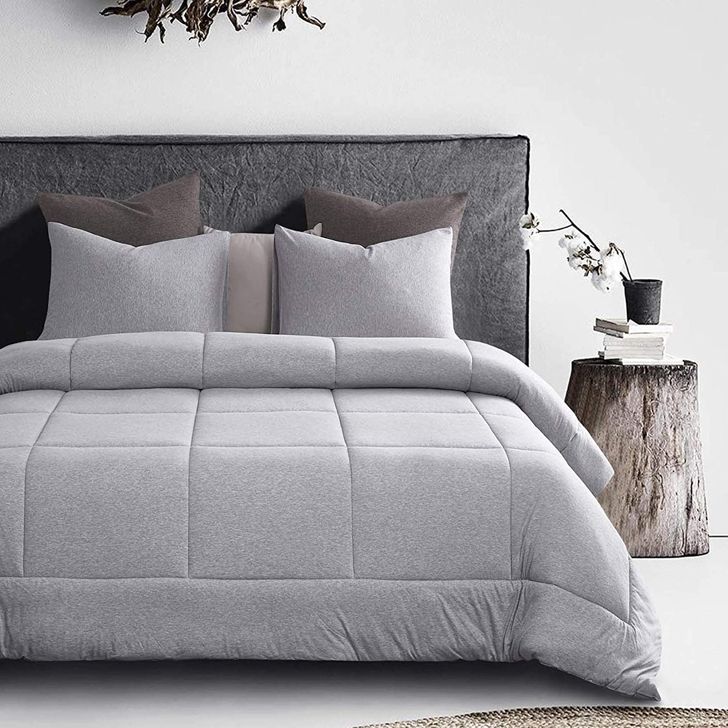 Wake In Cloud - Jersey Cotton Comforter Set, Light Gray Grey Plain ...