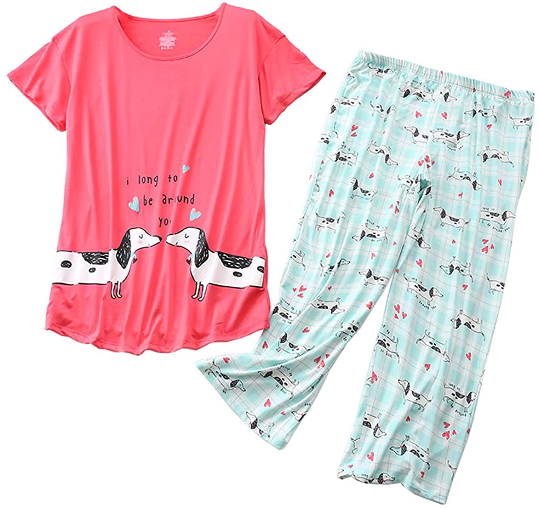 ENJOYNIGHT Women's Cute Sleepwear Tops with Capri Pants Pajama