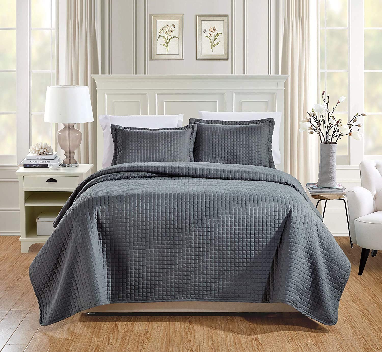 Chezmoi Collection Zoe 3-Piece Chevron Zig Zag Channel Quilted Bedspread Coverlet Set Gray, Queen