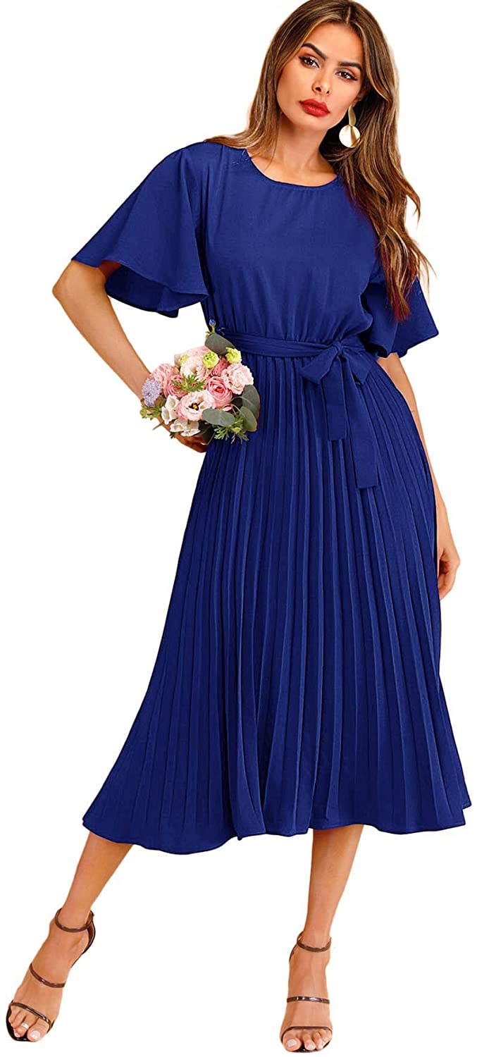 Milumia Women's Elegant Belted Pleated Flounce Sleeve Long Dress | eBay