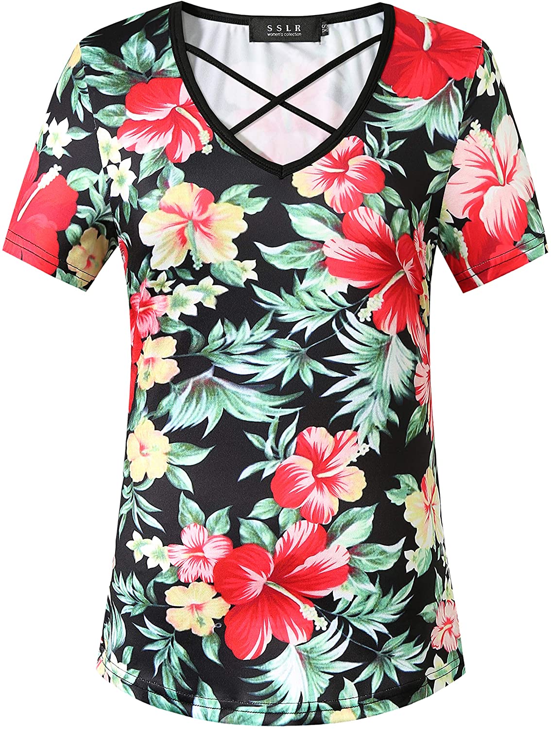SSLR Womens Floral V Neck Casual Short Sleeve Hawaiian T Shirt Tops