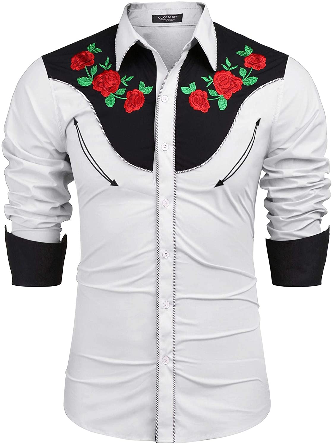 COOFANDY Men's Embroidered Rose Design Western Shirt Long Sleeve Button  Down Shi