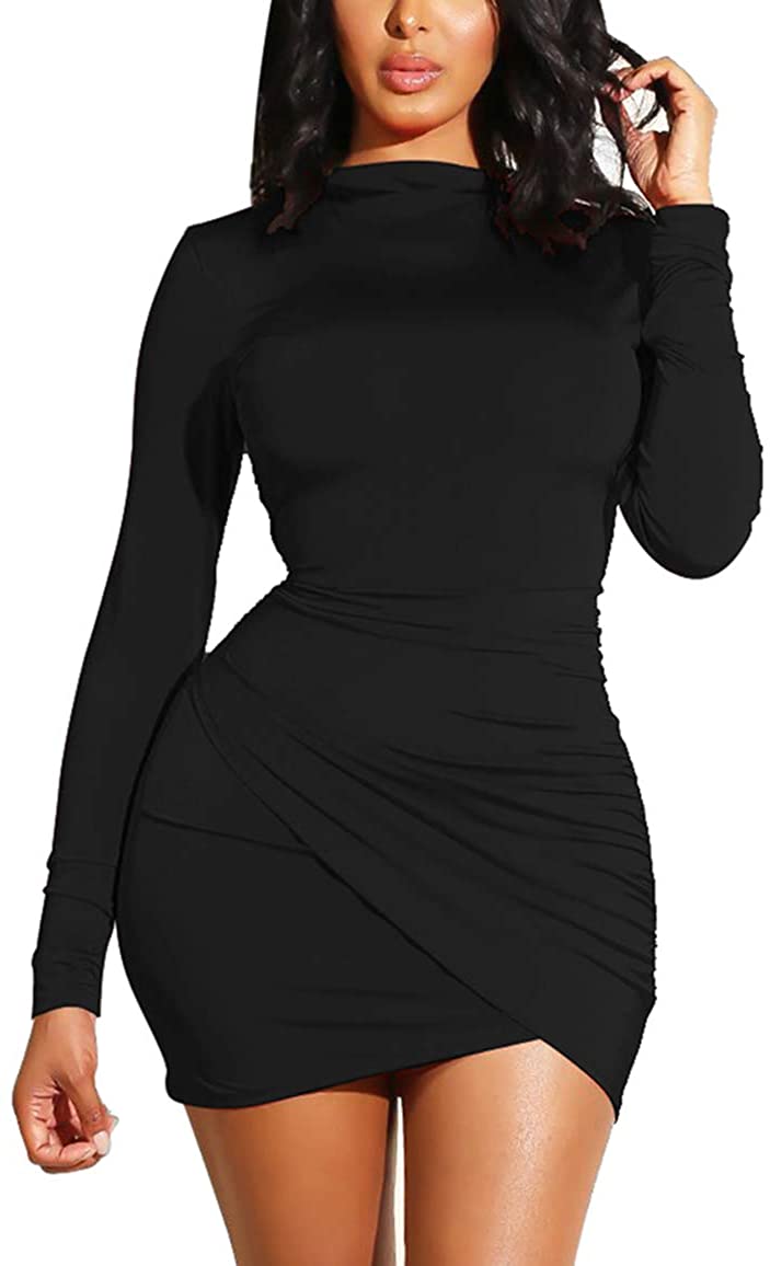 Gobles Womens Long Sleeve Elegant Sexy Bodycon Ruched Mini Cocktail