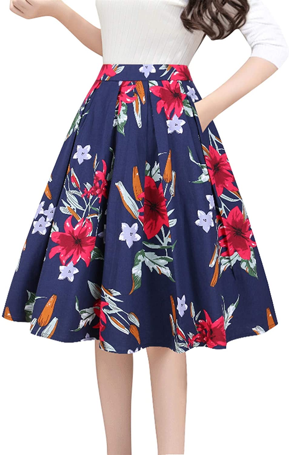 thumbnail 23  - Tandisk Women&#039;s Vintage A-line Printed Pleated Flared Midi Skirt with Pockets