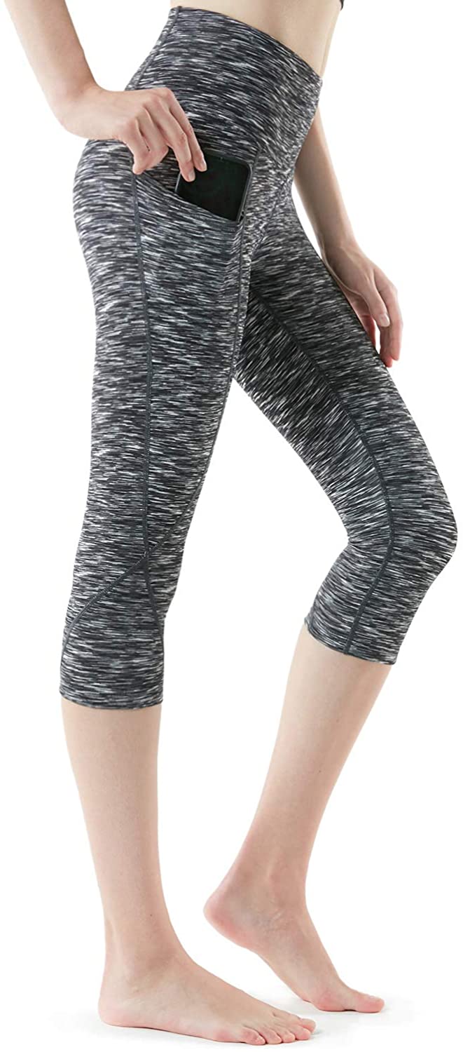 4-Way Stretch Leggings with Hidden/Side Pocket Workout Running Tights TSLA 1 or 2 Pack Womens Capri Yoga Pants 