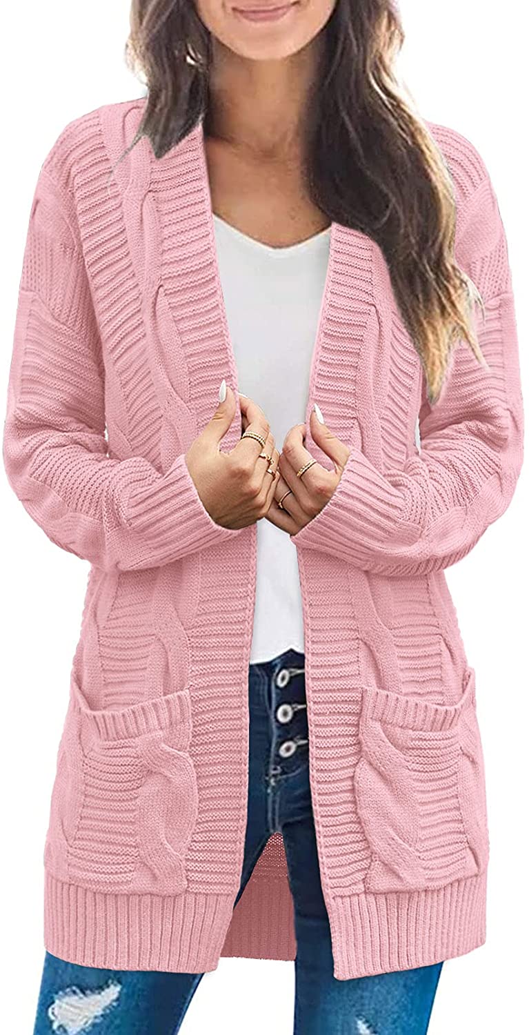 MEROKEETY Women's Long Sleeve Cable Knit Cardigan Sweaters Open Front Fall Outwear Coat 