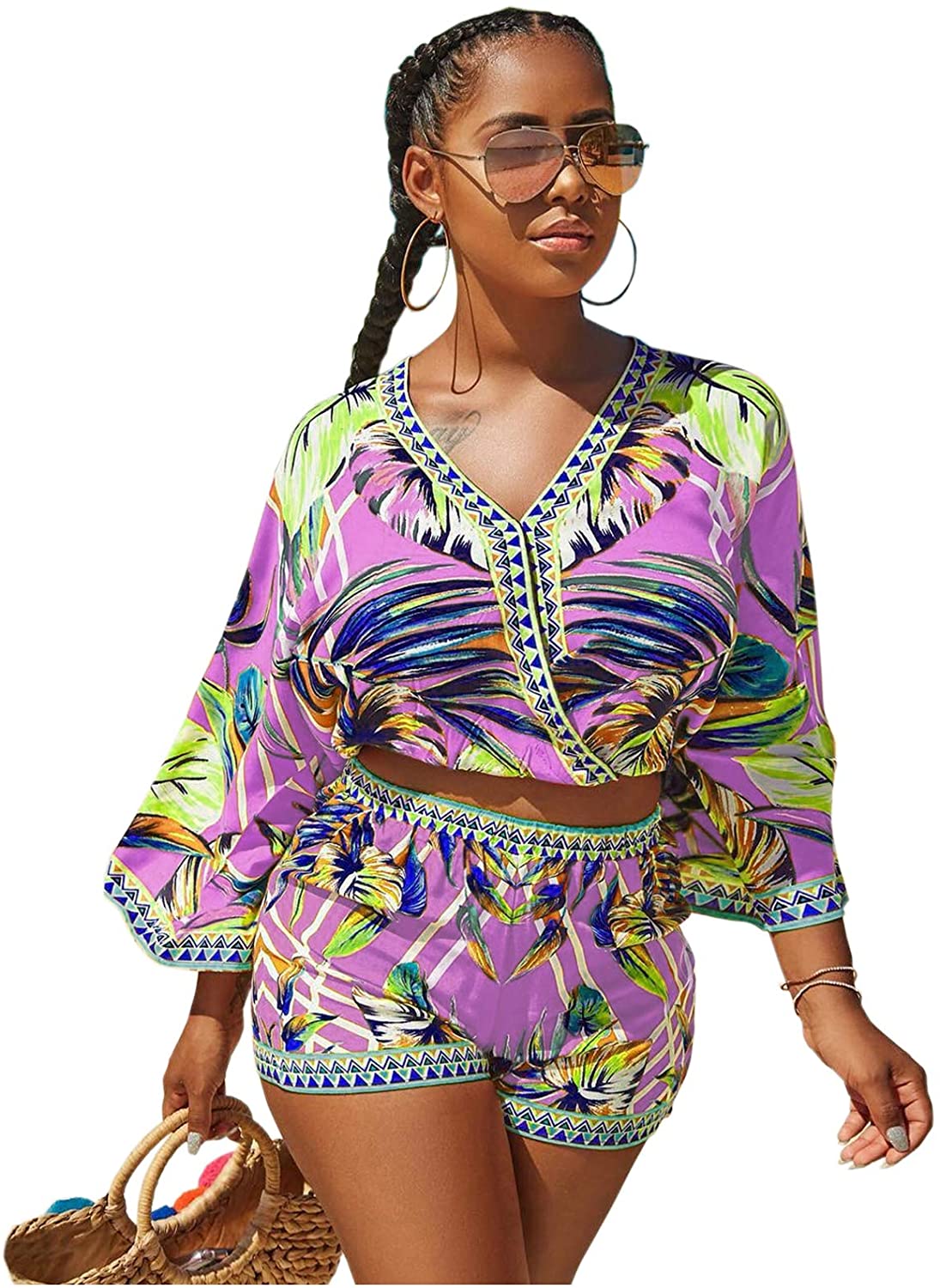 Tie Back Casual Club Jumpsuit Romper Ruffle Trim Shorts Set Womens Summer 2 Piece Outfits Floral Boho Crop Top 