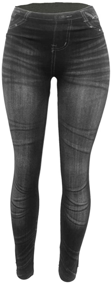 Women's Denim Print Seamless Full Leggings Fake Jeans Leggings