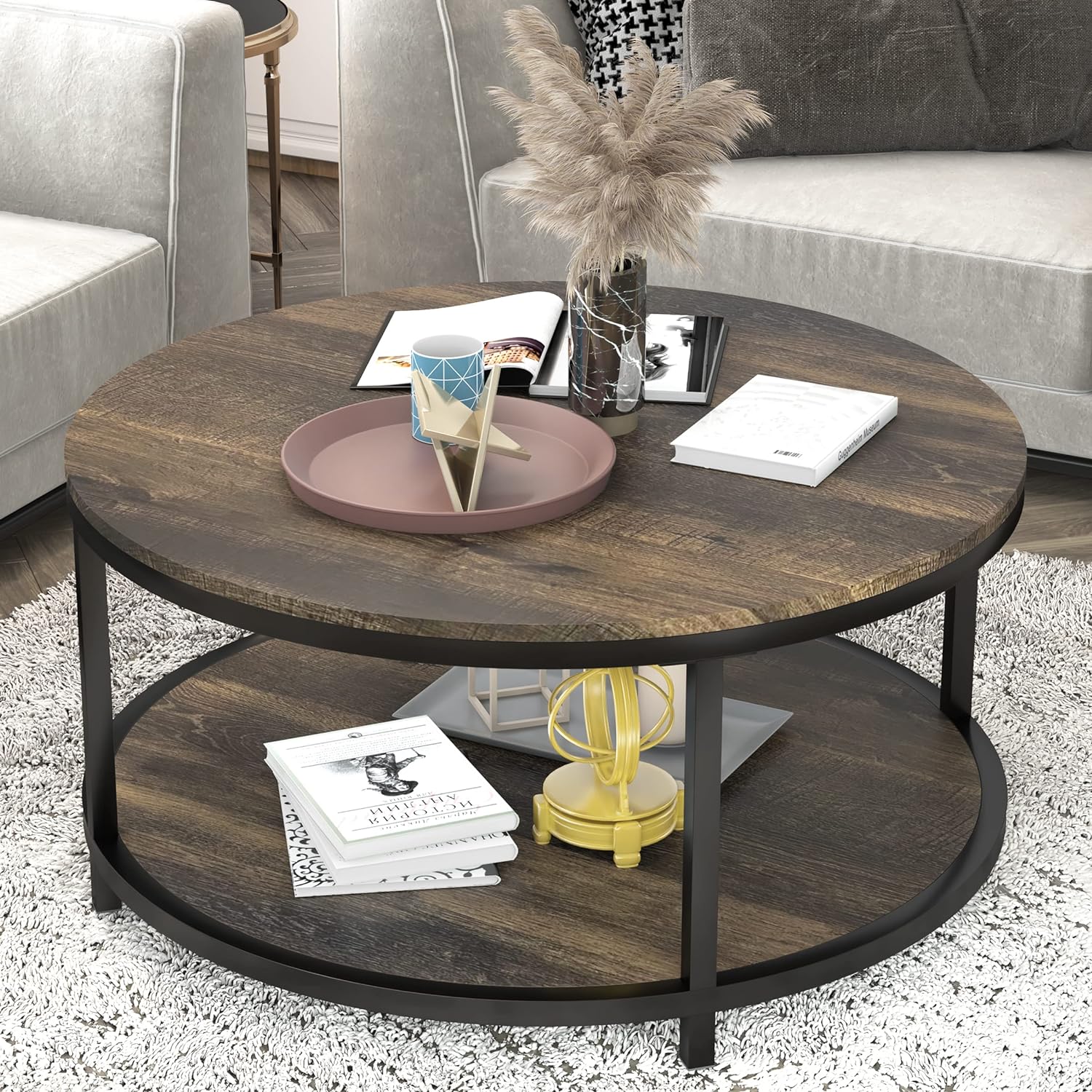 NSdirect 36 Inches Round Coffee Table Rustic Wooden Surface Top & Stu