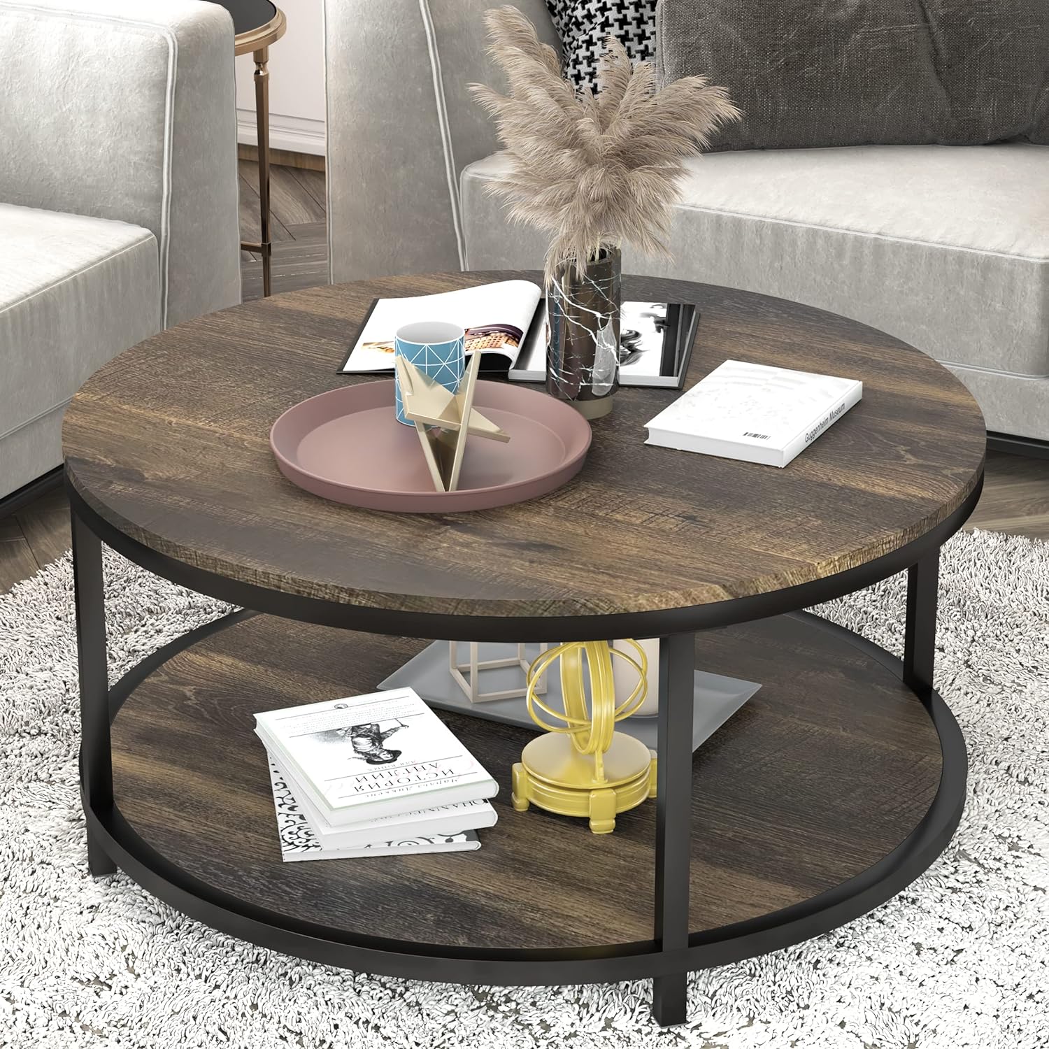  NSdirect Round Coffee Table,36 Coffee Table for Living  Room,2-Tier Rustic Wood Desktop with Storage Shelf Modern Design Home  Furniture(Light Walnut) : Home & Kitchen