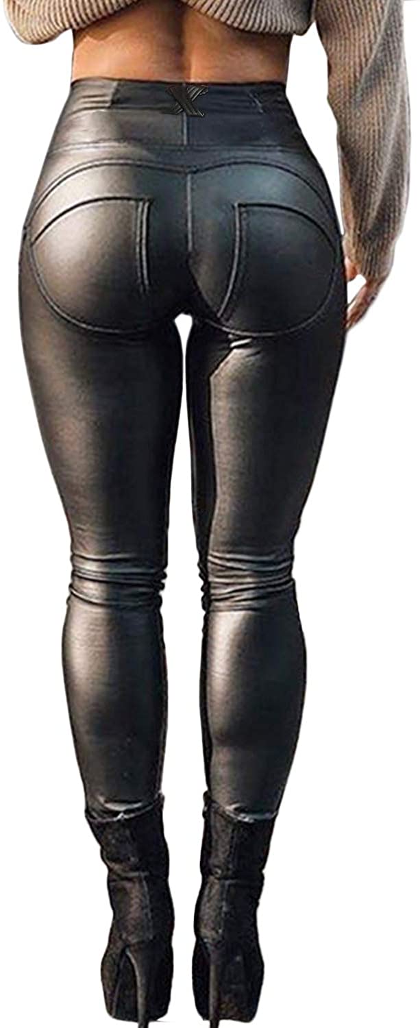 FITTOO Womens Faux Leather Leggings Wet Look Pants Fleece Skinny PU Hot Trousers 