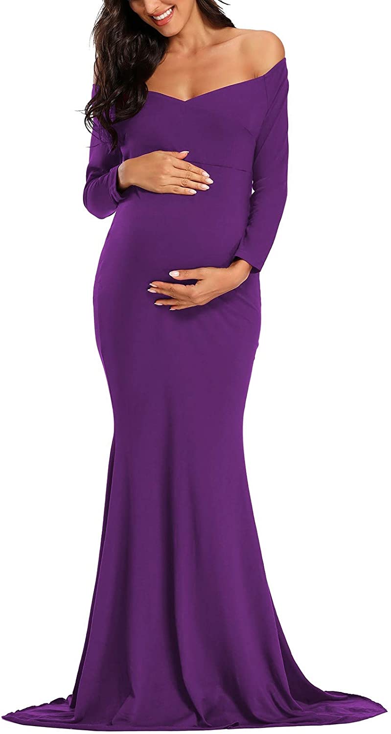 Ecavus Women's Off Shoulder Maternity Dress Slim Cross-Front V Neck Long  Sleeve
