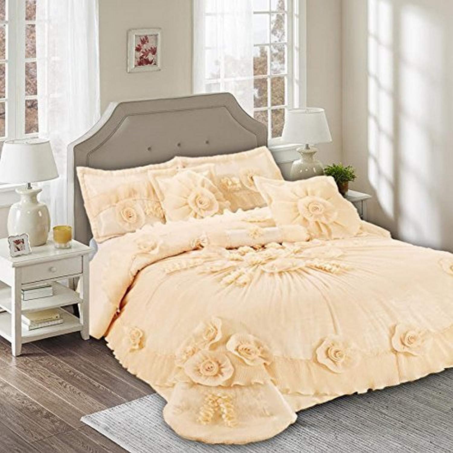 Tache Home Fashion 6 Piece Satin Luxurious Floral Solid Comforter