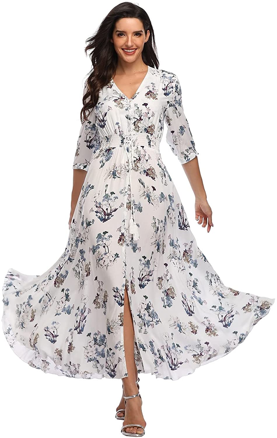 Hessimy Womens Floral Maxi Dresses Boho Button Up Split Beach Party Dress 