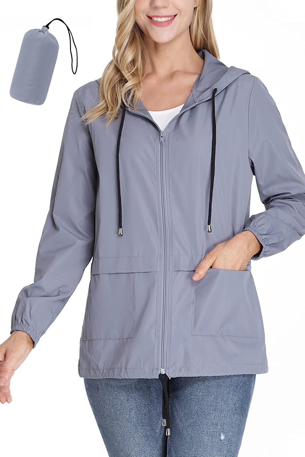 Dakiwin Womens Lightweight Rain Jacket Waterproof Raincoat Packable Hooded Windbreaker Outdoor 