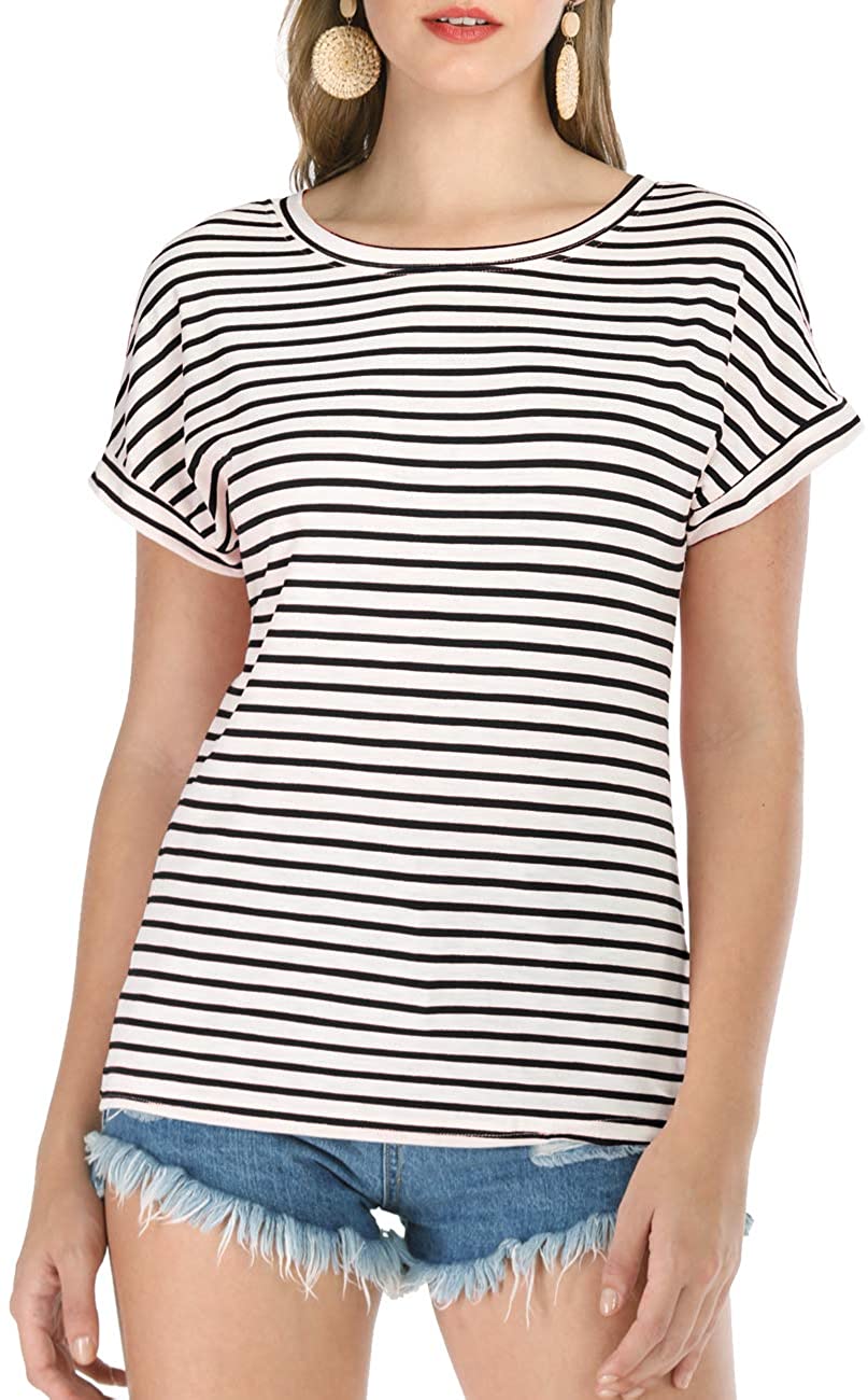 Haola Womens Striped Tops Summer Casual Round Neck Short Sleeve Blouse T-Shirt