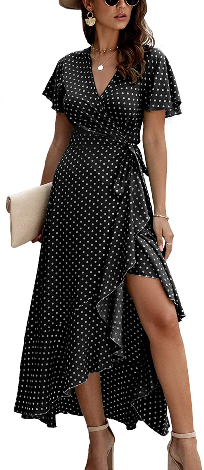 YACUN Women Summer Polka Dot Wrap Dress V Neck High Split Casual Maxi  Dresses | eBay