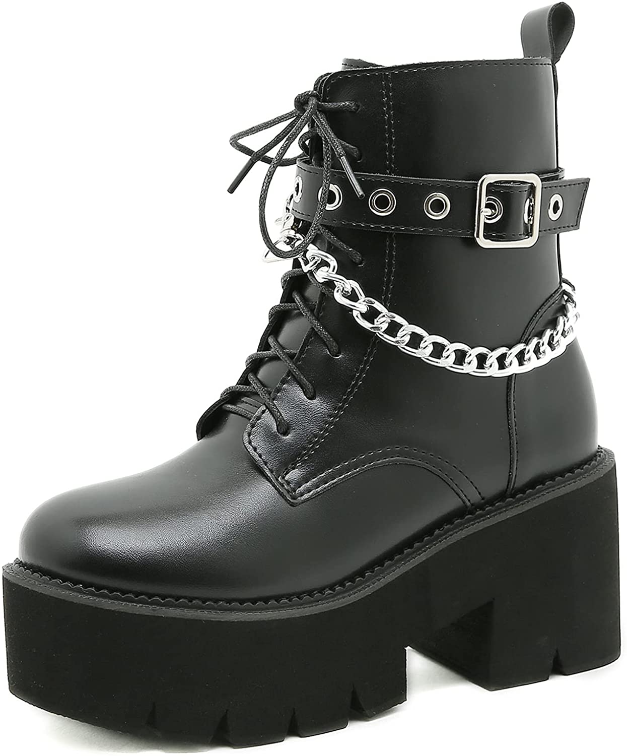CYNLLIO Women's Lace-up Platform Boots Block High Heel Zip Gothic Mid Calf Boots with Bag Punk Motorcyle Boots Combat Boots 
