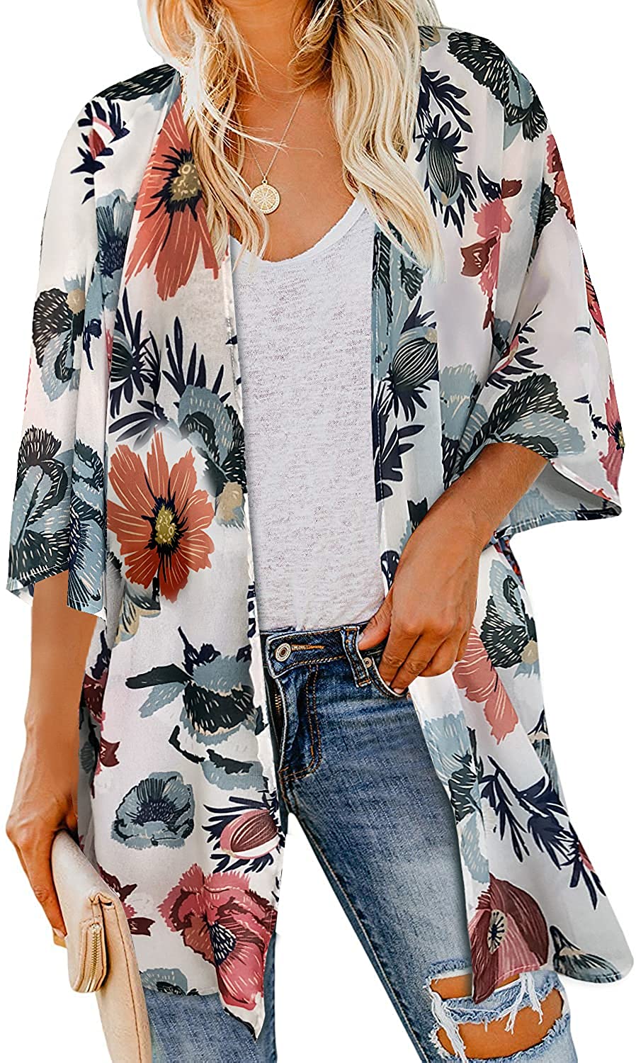 Women's Floral Print Puff Sleeve Kimono Cardigan Loose Cover Up Casual ...