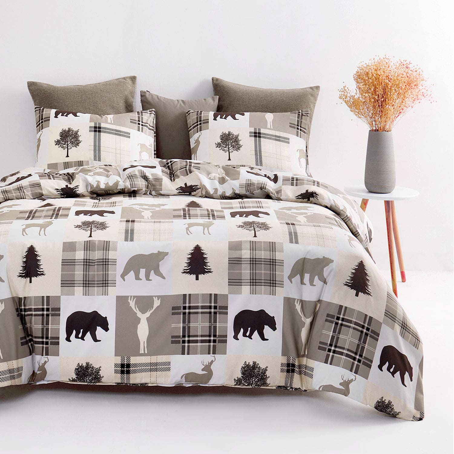 Wake In Cloud Rustic Patchwork Comforter Set, Lodge Woodland Wildlife