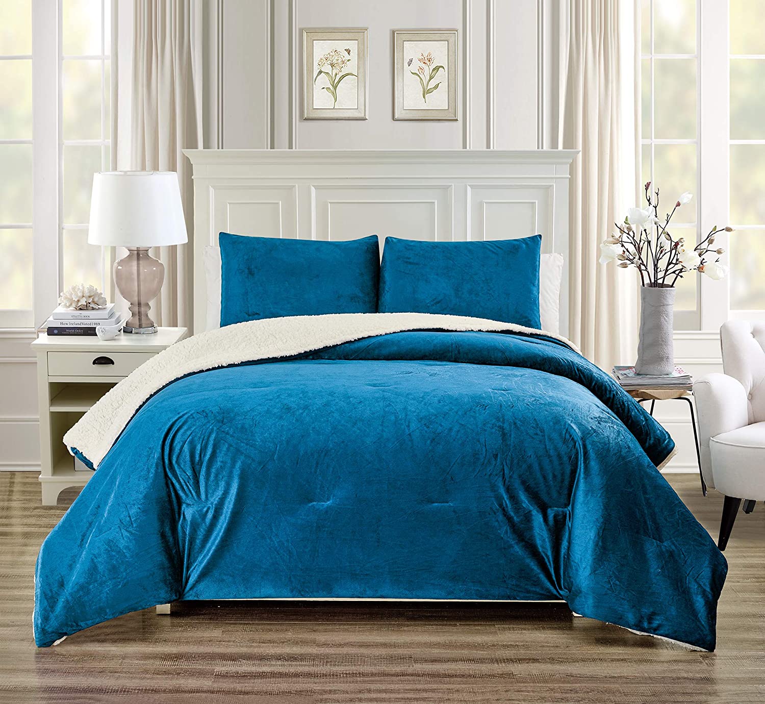 GrandLinen 3 Piece Full Size Solid Teal Blue Micromink Velvet Comforter Set with eBay