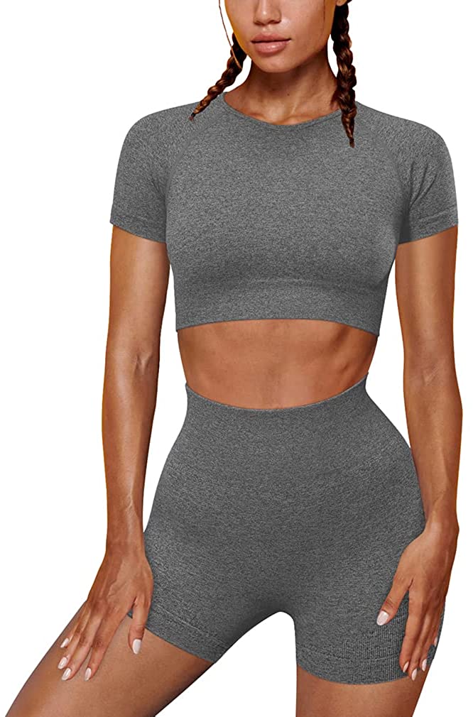 OYS Womens Yoga 2 Piece Outfits Workout Running Crop Top Seamless High Waist Sports Shorts Sets 