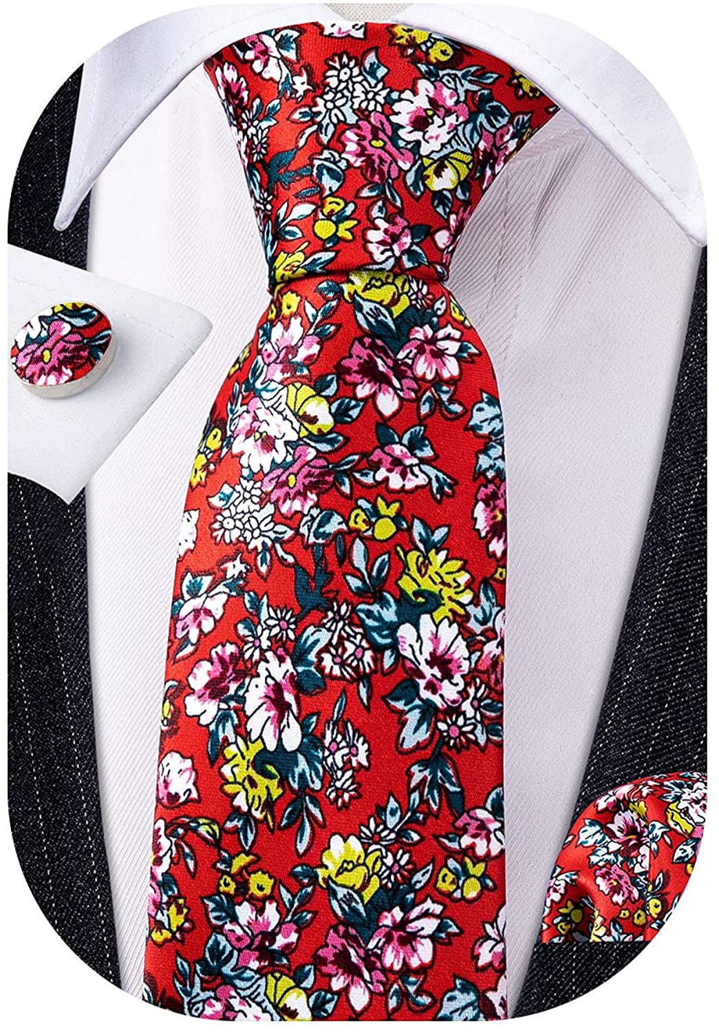 Barry.Wang Men Silk Tie Set Designer Abstract Necktie Pocket Square Cufflinks 