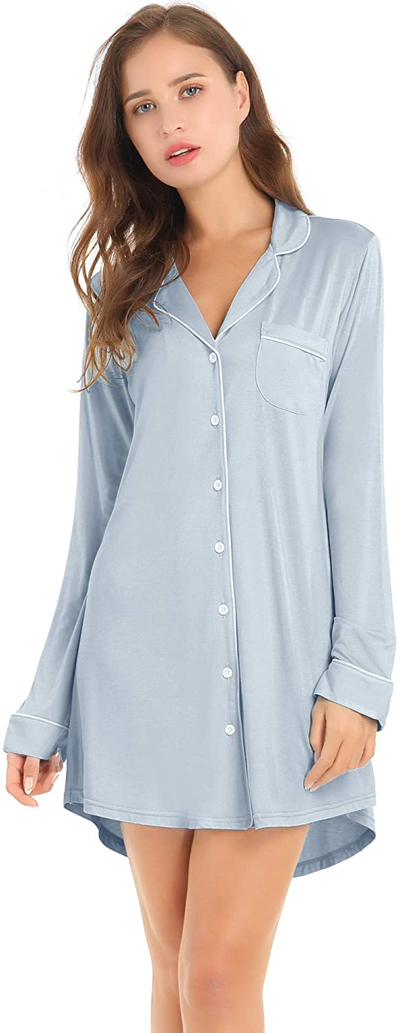 Amorbella Womens Long Sleeve Nightgown Button Down Nightshirt Bamboo Sleep  Shirt