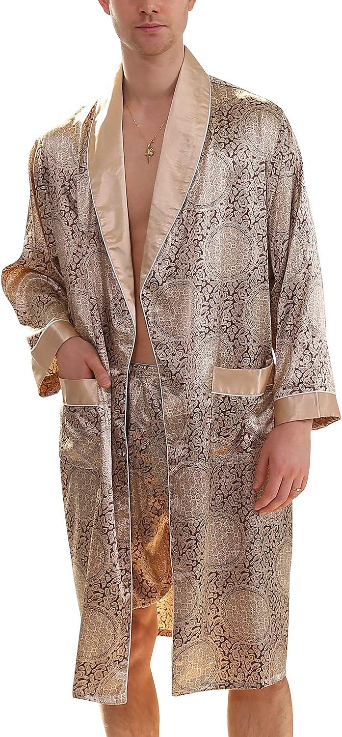 Lu's Chic Men's Satin Pajama Set Silk Robe Boxer Underwear Long