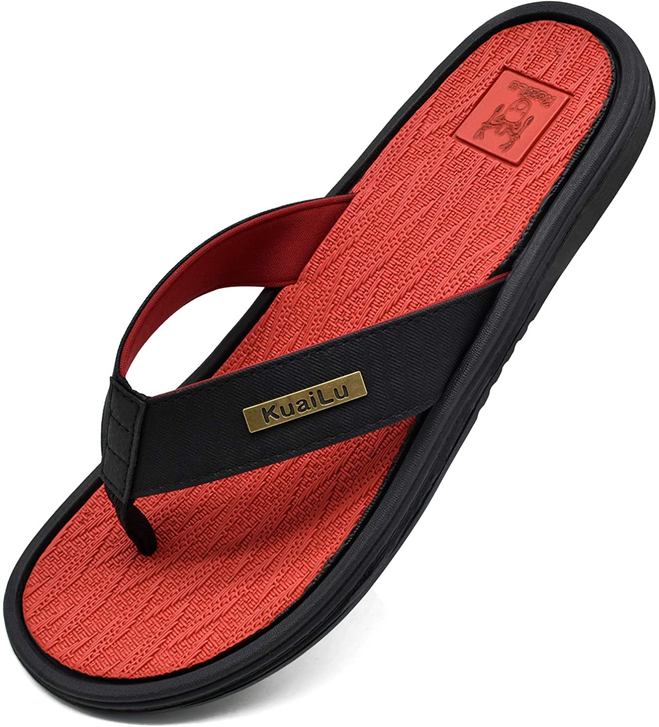 KuaiLu Mens Leather Sport Flip Flops Comfort Orthotic Thong Sandals with Plantar Fasciitis Arch Support for Outdoor Summer Size 7~13