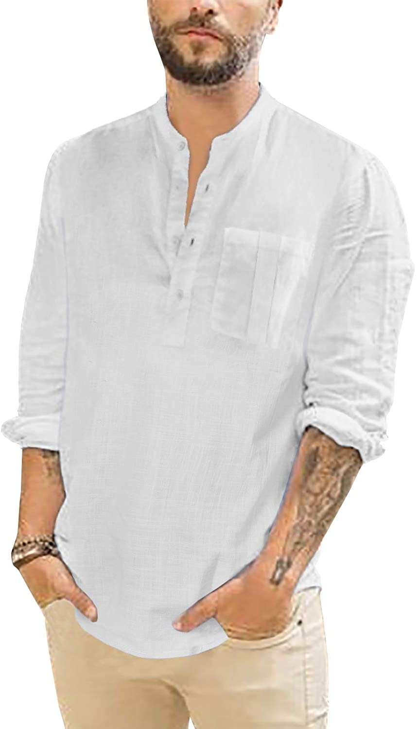 Mens Long Sleeve Henley Shirt Linen Cotton Loose Fit Summer Casual Beach T-Shirts Tops 