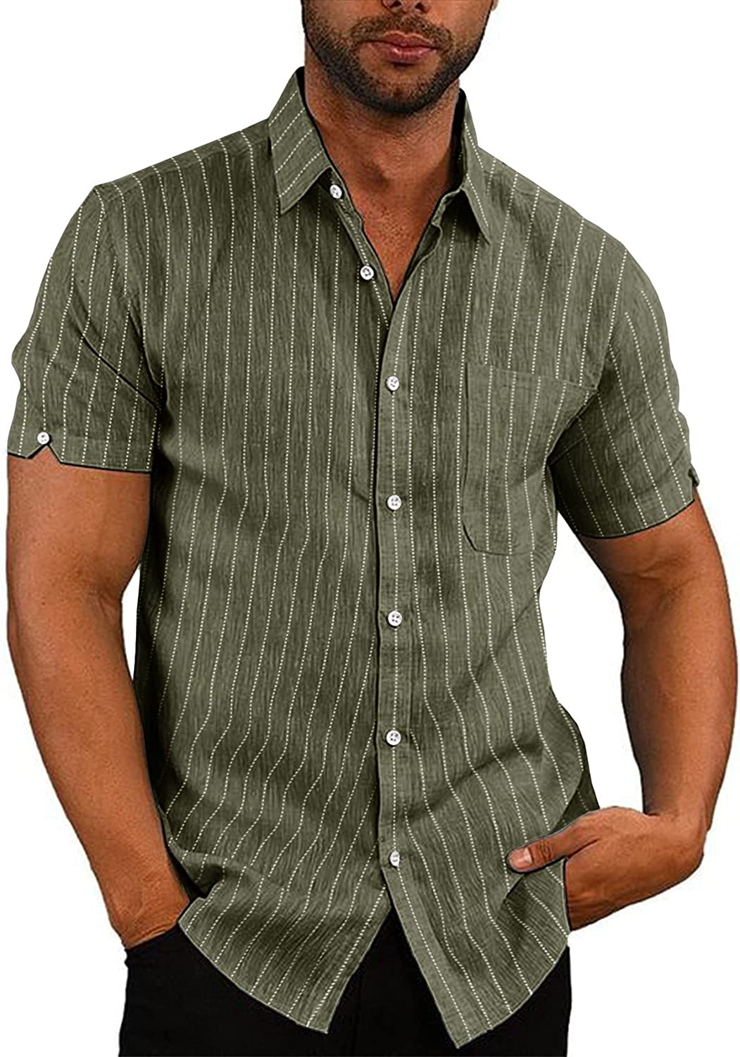 Mens Short Sleeve Shirts Button Down Tops Beach Linen Fishing Tees