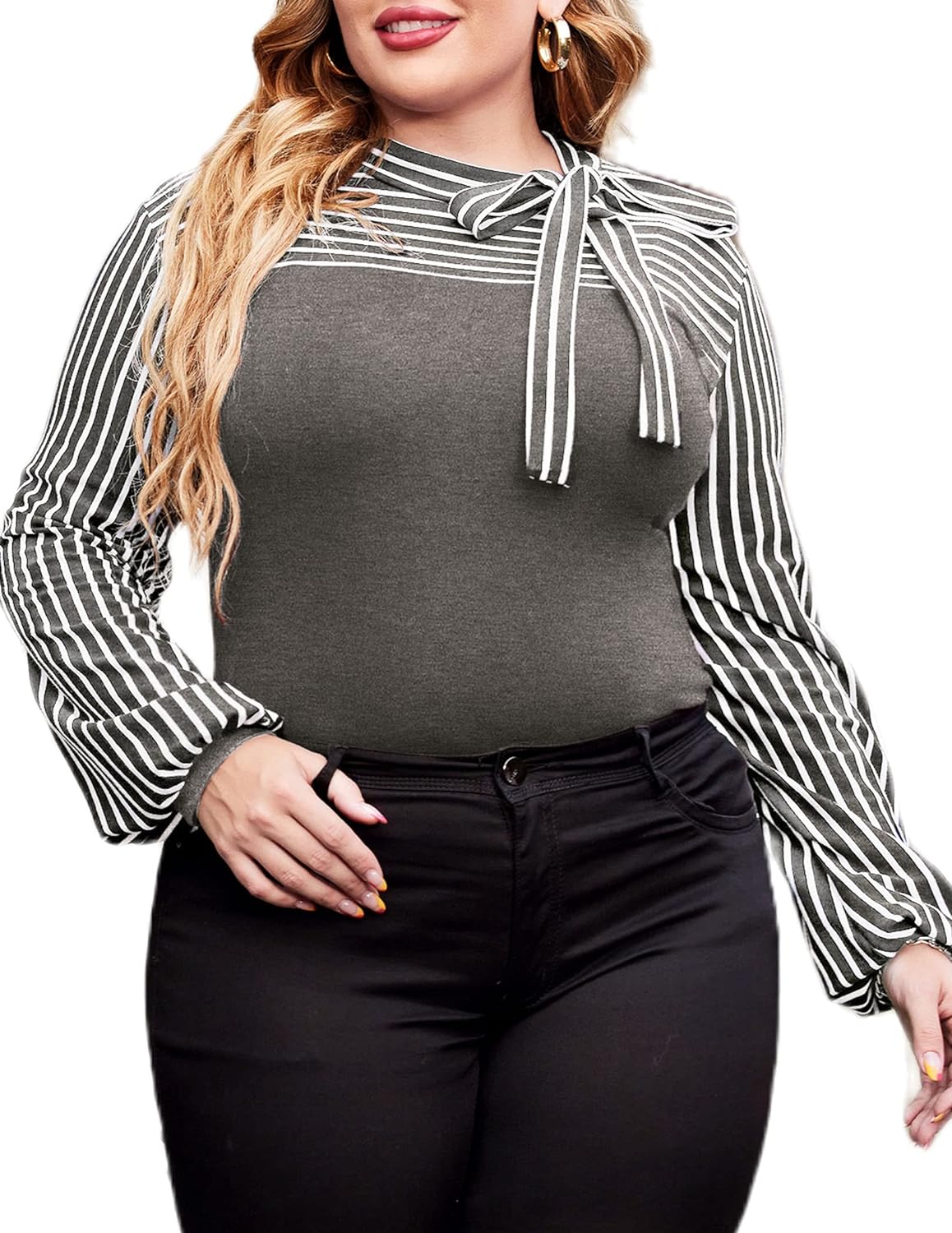 Plus Size Blouses for Women Tie-Bow Neck Striped Blouse Long Sleeve Shirt  Splici