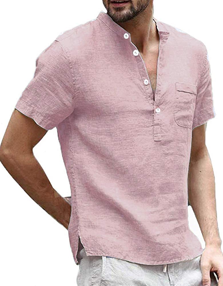 Enjoybuy Mens Cotton Henley Shirts Banded Collar Frog Buttons Casual Short Sleeve Summer Plain T-Shirts