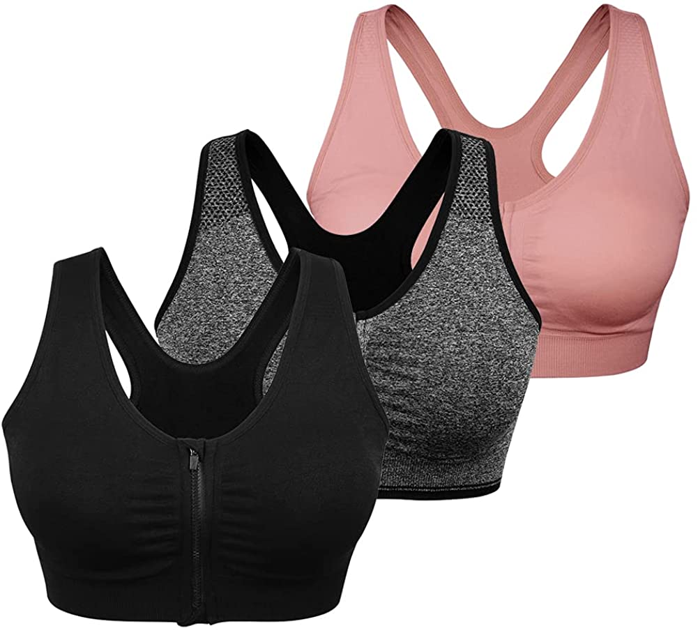 3Pack Women's Zip Front Sports Bra Wireless Post-Surgery Bra Active Yoga  Sports Bras 