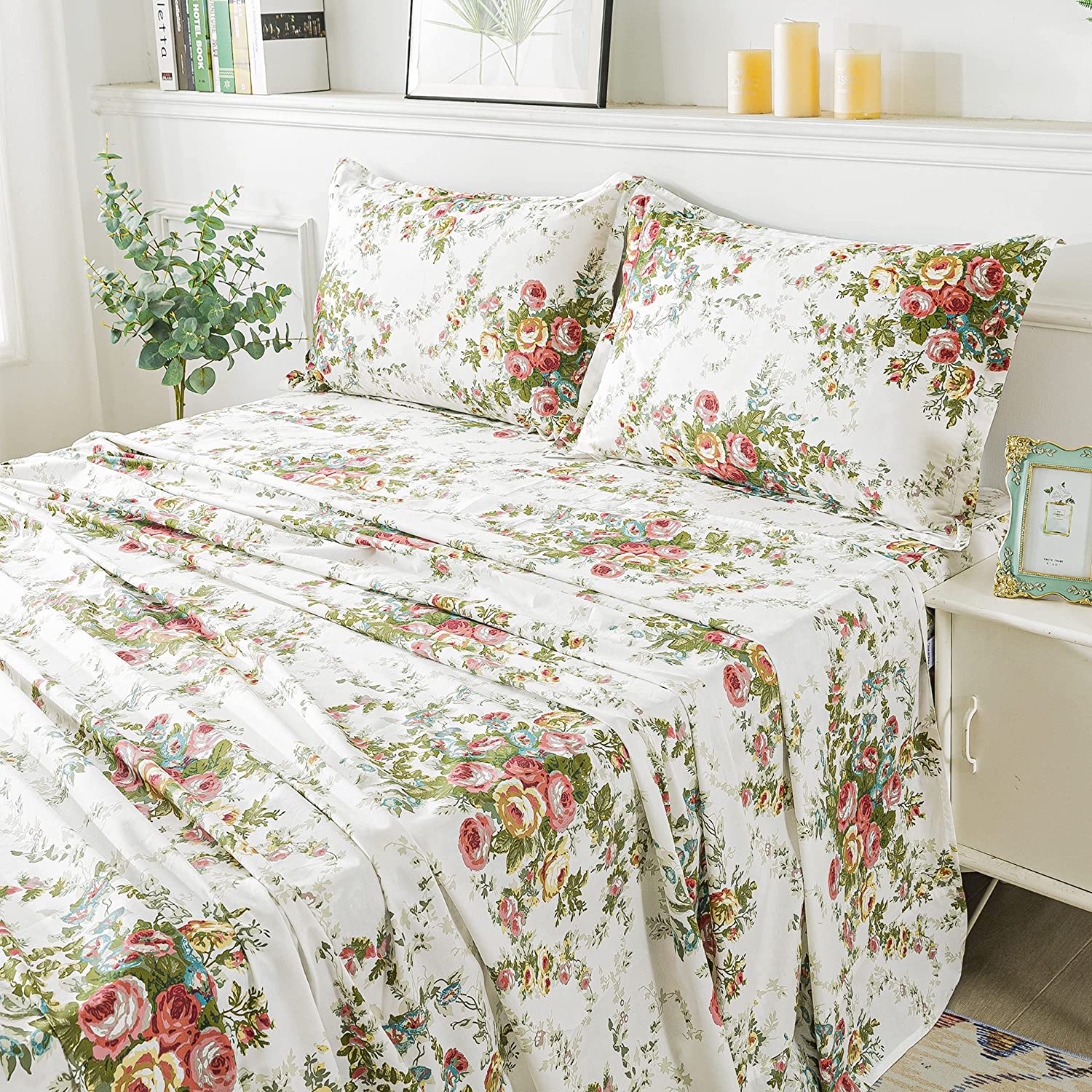 FADFAY Vintage Rose Floral Bed Sheet Set King Size Premium 100