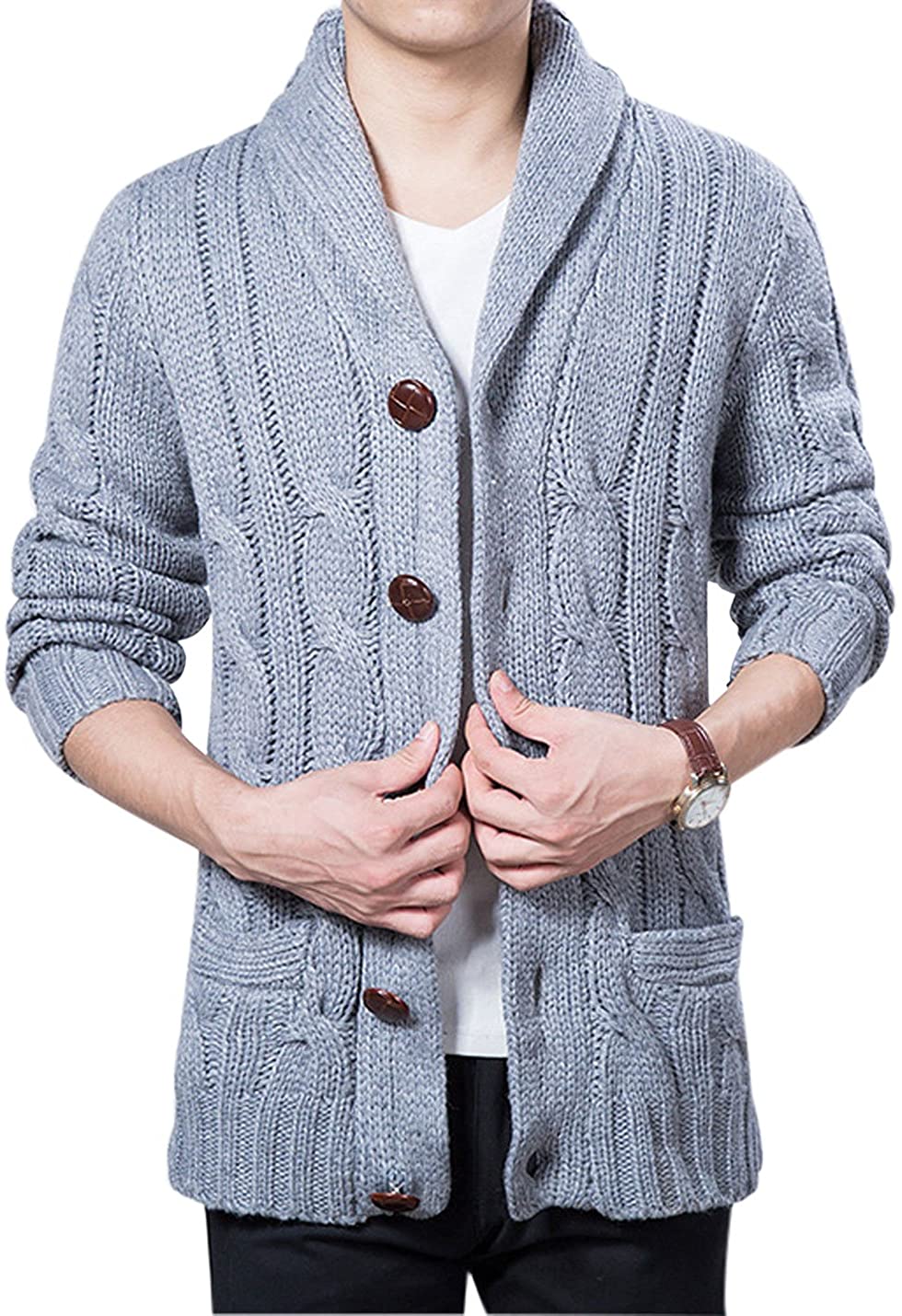 Yeokou Men's Casual Slim Thick Knitted Shawl Collar Cardigan Sweaters Pockets 