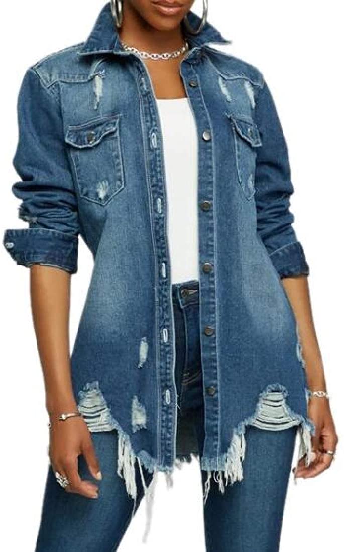 Jofemuho Womens Classic Long Jean Jacket Plus Size Loose Long Sleeve Button  Down Denim Jacket Trench Coat