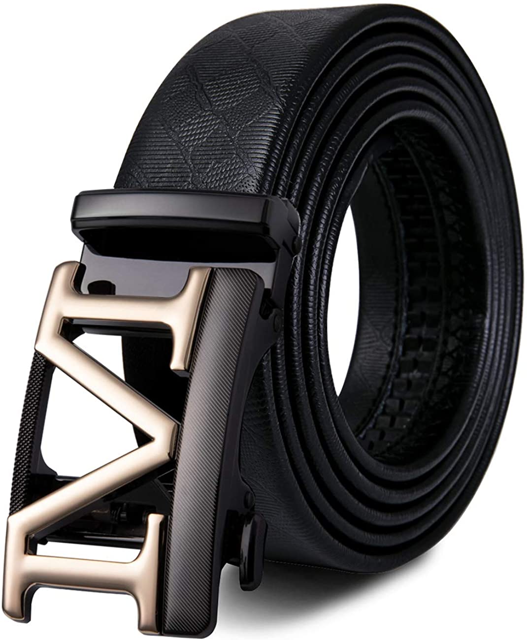 Hi-Tie Men Dress Black Leather Ratchet Belt With Automatic Buckle Gift Box. 
