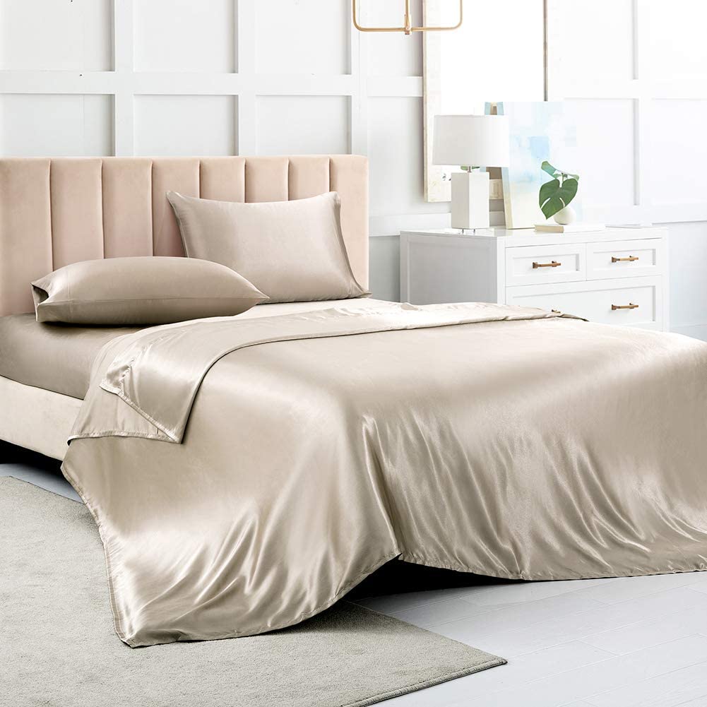 Luxbedding Satin Sheets Twin, Soft Silk Bed Sheets, Silver Grey