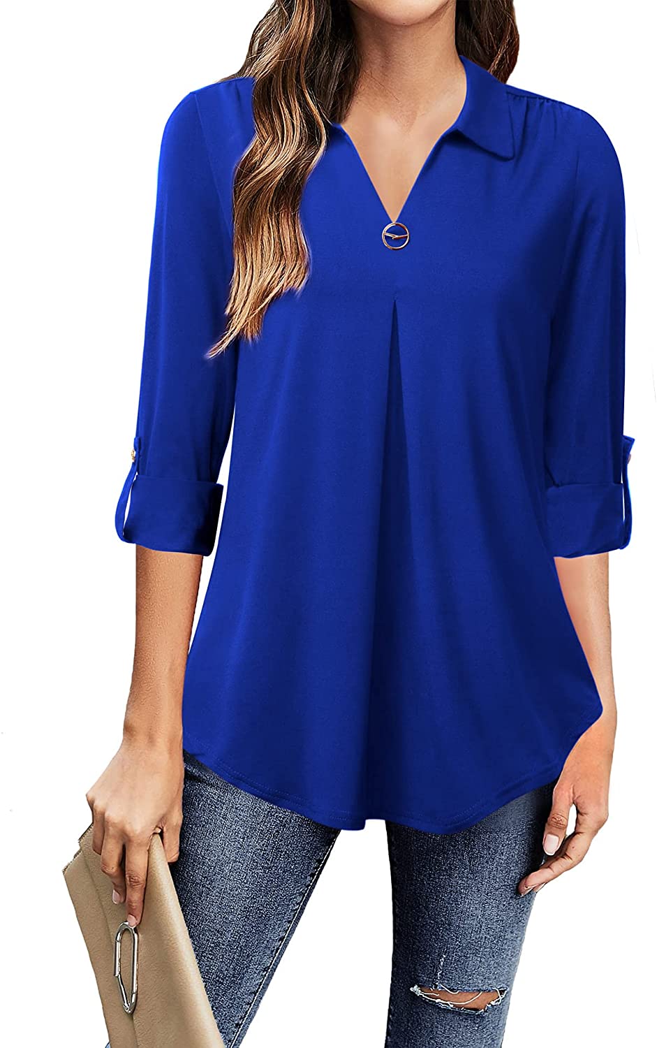 EFINNY Womens Button Down Shirts Long Sleeve Work Dress Shirts, Ladies V Neck Collared Business Casual Blouses,S-5XL, Women's, Size: 3XL, Blue