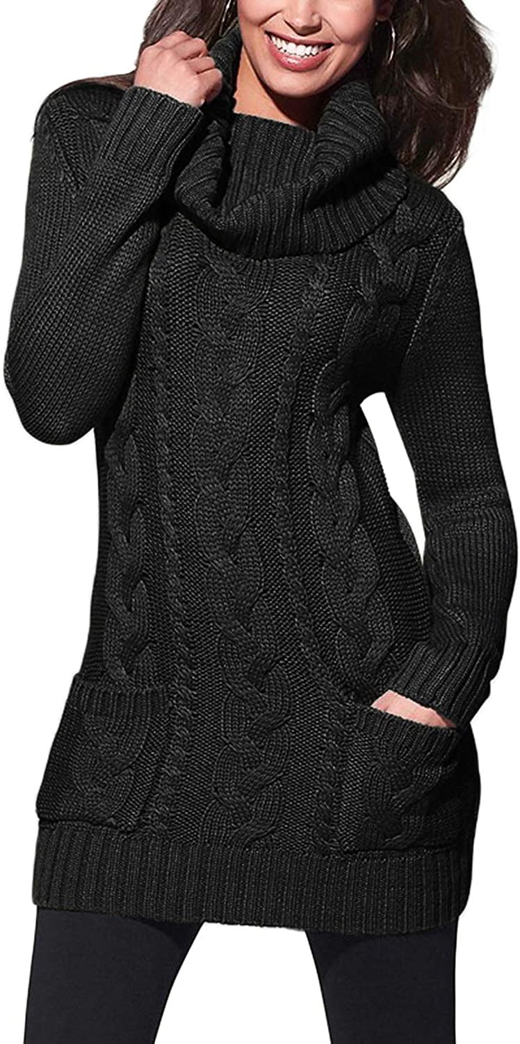 BLENCOT Womens Turtleneck Long Sleeve Elasticity Chunky Cable Knit ...