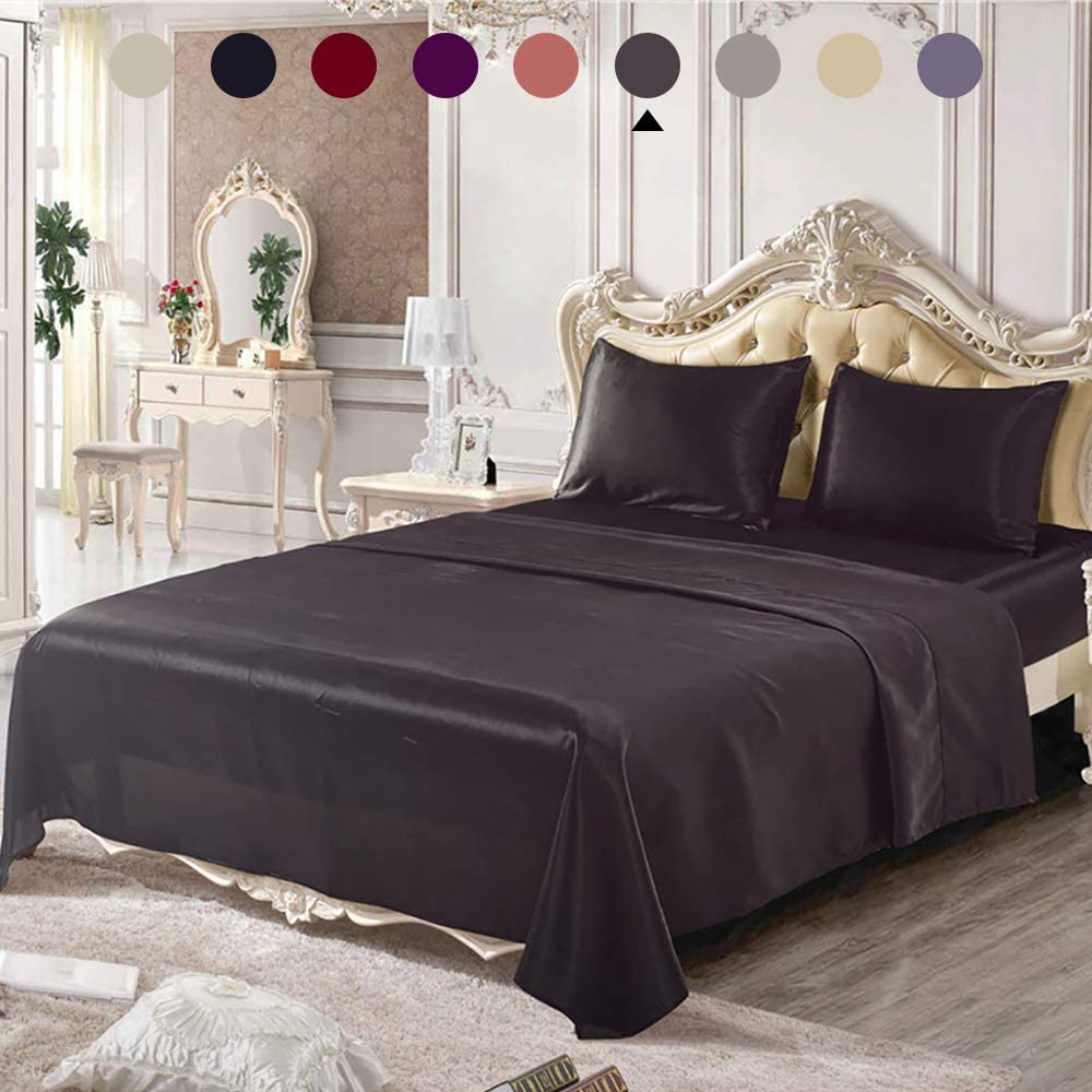 Chanyuan 4 Pieces Wine Red Satin Silk Bed Sheets Set Queen Size Luxurious  Smooth | eBay