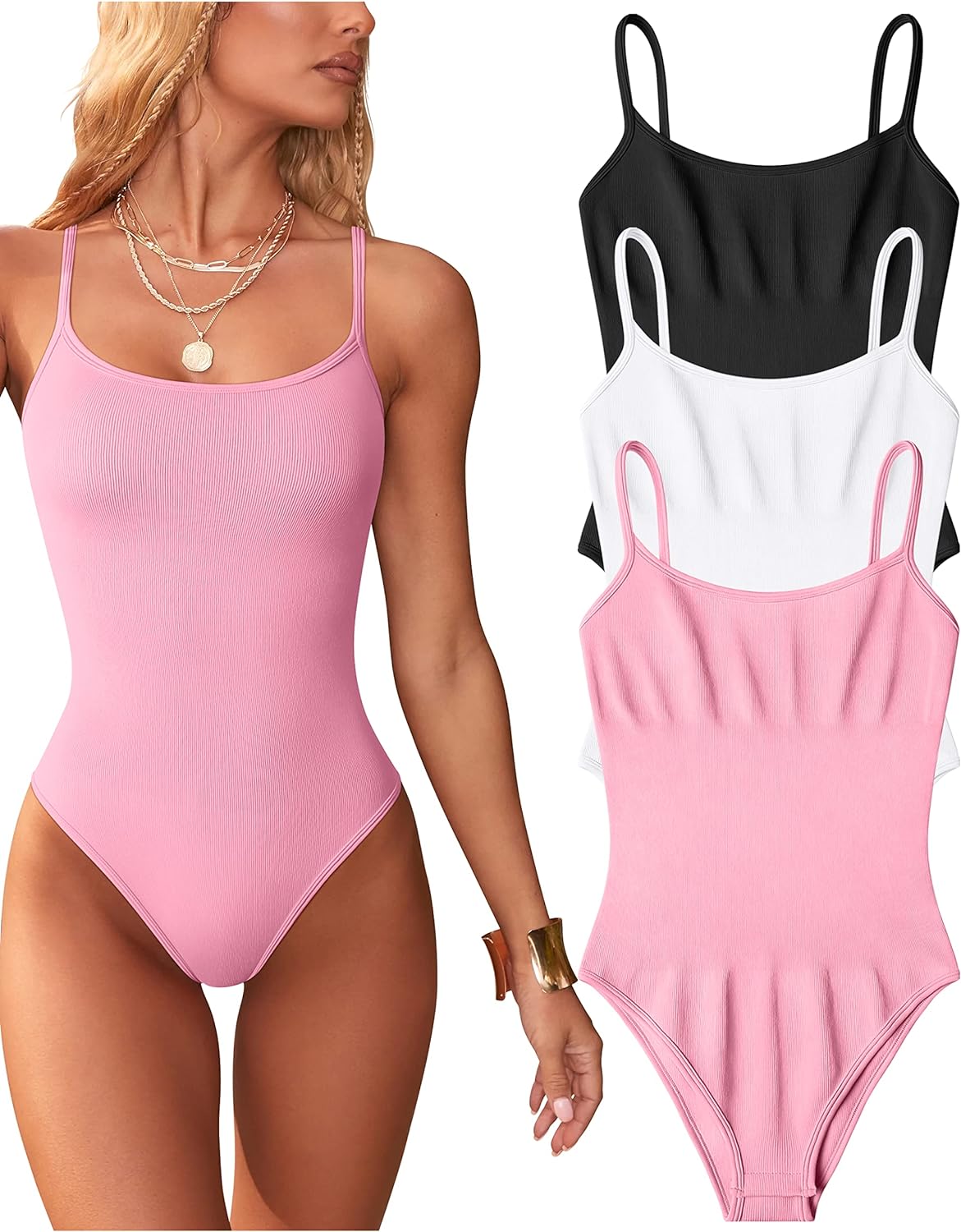 Buy OQQ Women's 3 Piece Bodysuits Sexy Ribbed Sleeveless Adjustable  Spaghetti Strips Shapewear Tops Bodysuits, Black Coffee Beige, M at