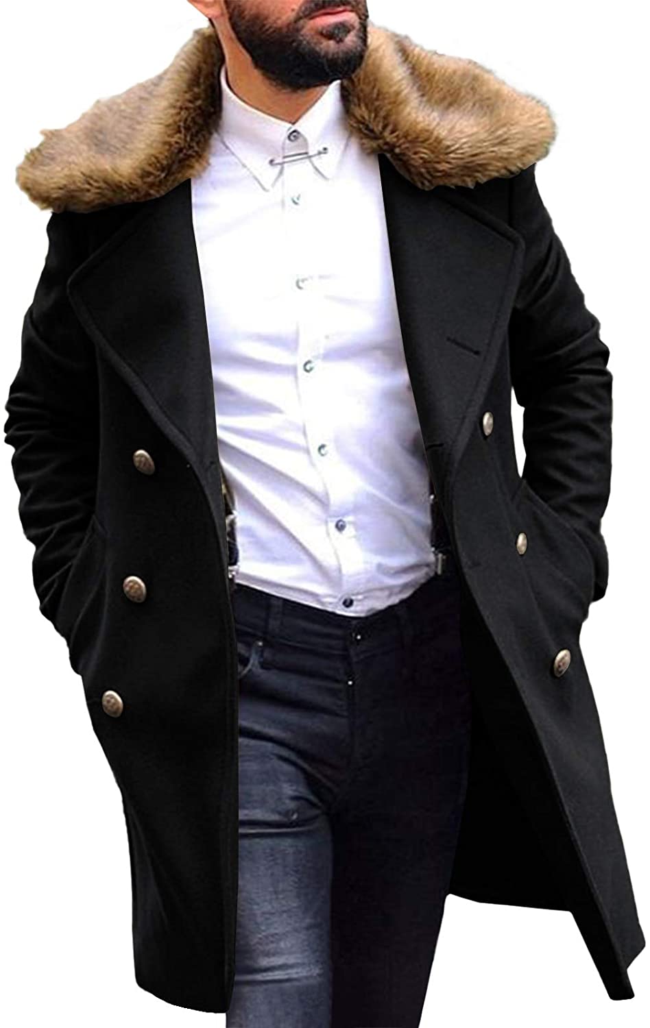 Men's Parka Faux MINK fur Coat Trench Woolen Jacket Overcoat Outerwear WINTER sz 