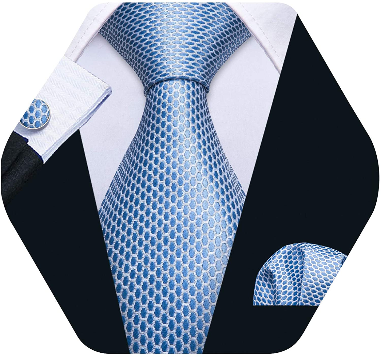 Barry.Wang Men Ties Pocket Square Cufflinks Silk Necktie Set Stripe Blue
